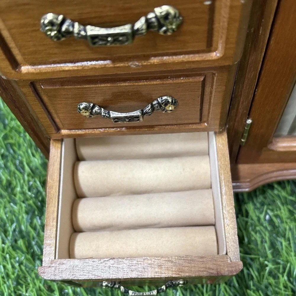 Vintage‎ Wooden Jewelry Box Double Glass Doors Music Box Brass Tone READ